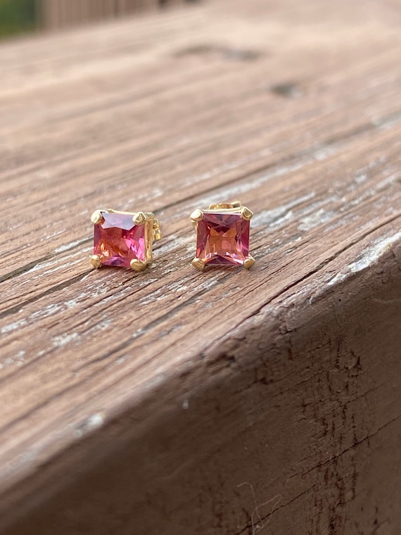 Princess Cut Pink Tourmaline Stud Earrings 14k Yel