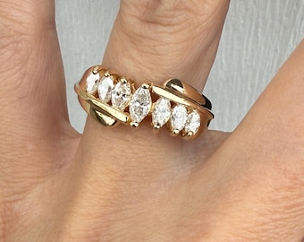 Vintage Natural 3/4ct Marquise Diamond Anniversary Band Engagement Ring 14k Yellow Gold