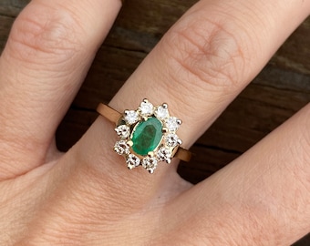 Vintage Genuine Oval Emerald Round Diamond Halo Cocktail or Engagement Ring 14k Yellow Gold