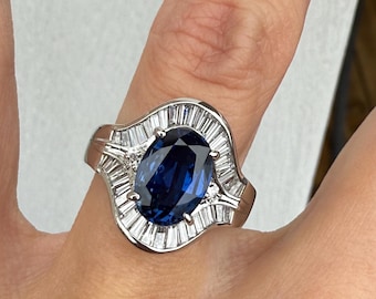 Oval Blue Sapphire Baguette Round Diamond Channel Set Cocktail Ring Platinum