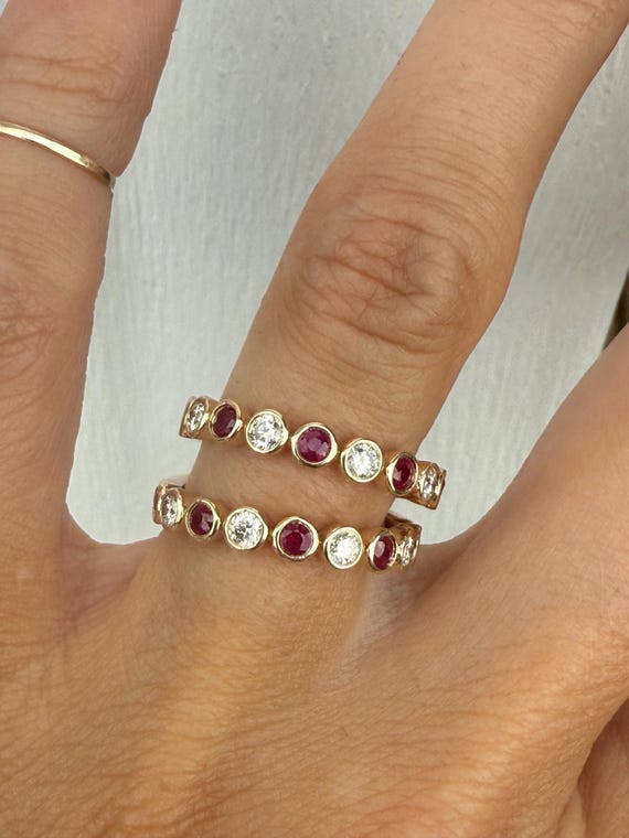 Bezel Set Ruby Round Diamond Stacking Stackable B… - image 10