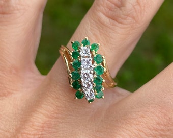 Round Diamond and Emerald Cluster Cocktail Ring 14K Yellow Gold