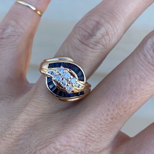 Vintage Baguette Blue Sapphire Round Diamond Channel Band Cocktail Ring 14K Yellow Gold