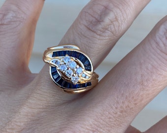 Vintage Baguette Blue Sapphire Round Diamond Channel Band Cocktail Ring 14K Yellow Gold