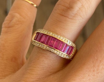 Sparkly Synthetic Baguette Ruby Single Cut Diamond Cocktail Band Ring 10k Yellow Gold