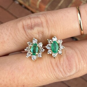 Oval Natural Emerald Diamond Stud Earrings 14k Yellow Gold