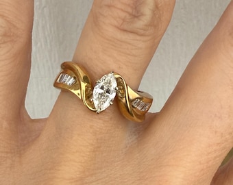 Genuine Marquise Baguette Diamond Cocktail or Engagement Ring 14k Yellow Gold