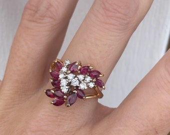 Vintage Marquise Ruby Round Diamond Cocktail Ring 14k Yellow Gold