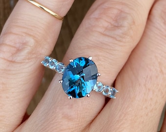 London Blue Oval Topaz Round Swiss Blue Topaz Cocktail Ring 10k White Gold