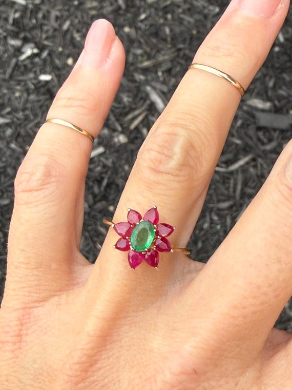 Natural Pear Ruby Oval Emerald Cluster Cocktail R… - image 12