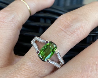 Long Cushion Cut Green Tourmaline Diamond Band Ring 14k White Gold