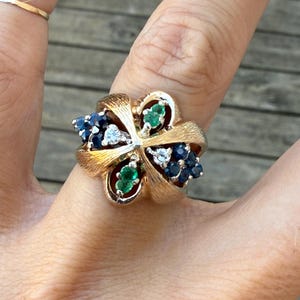 Vintage Round Sapphire Emerald Diamond Dome Ring Wide Ring 14K Yellow Gold
