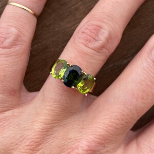 Oval Green Tourmaline Peridot Trilogy Ring 14k Yellow Gold