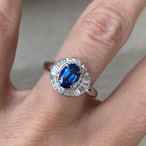 Platinum Genuine 1.39ct Blue Sapphire .39ct Baguette Diamond Cocktail Ring Ballerina Ring Engagement Ring