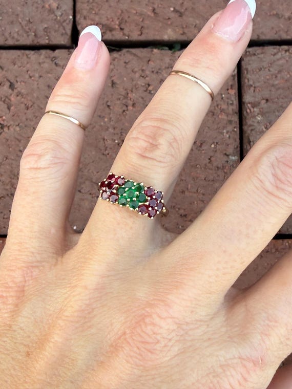 Natural Round Ruby Emerald Cluster Cocktail Ring … - image 2