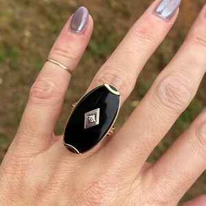 Vintage Estate Large Black Onyx Single Cut Diamond Oval Plaque Hand Engraved Cocktail Ring 10K Yellow Gold image 2