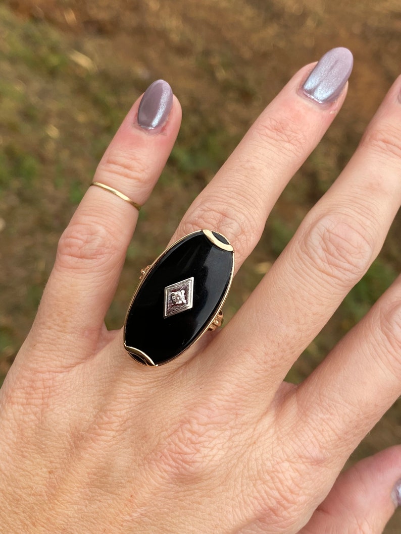 Vintage Estate Large Black Onyx Single Cut Diamond Oval Plaque Hand Engraved Cocktail Ring 10K Yellow Gold image 2