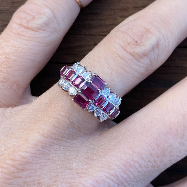 Platinum 1.30ct Genuine Emerald Cut Ruby .52ct Round Diamond Cocktail Anniversary Band Ring Fine Quality