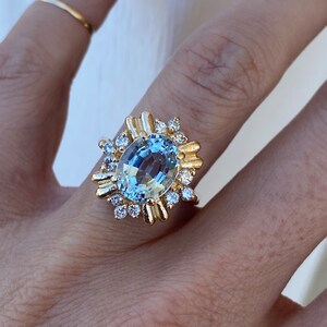 Oval Step Cut Blue Topaz Round Diamond 14K Yellow Gold Ring image 5