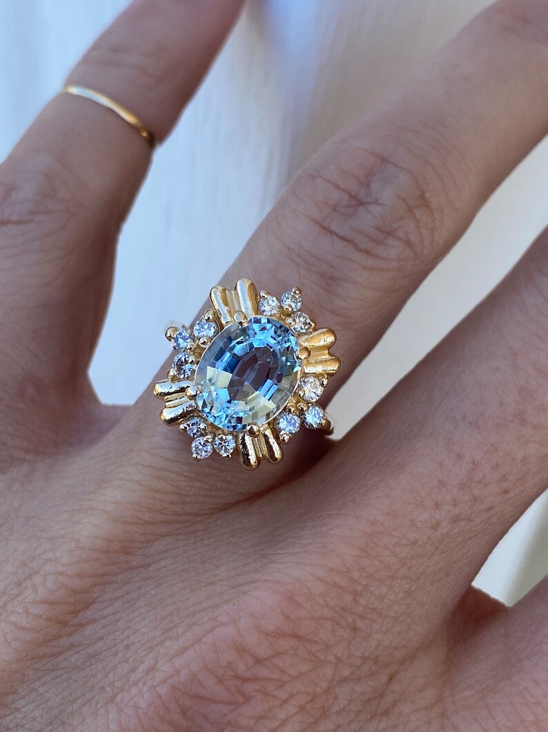 Oval Step Cut Blue Topaz Round Diamond 14K Yellow Gold Ring image 5