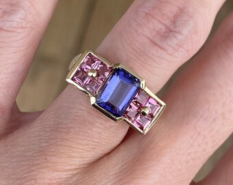 Half Bezel Set Emerald Cut Iolite Square Step Cut Pink Tourmaline Cocktail Ring 14K Yellow Gold