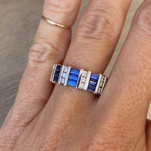 Platinum Baguette Blue Sapphire Round Diamond Channel Band Ring