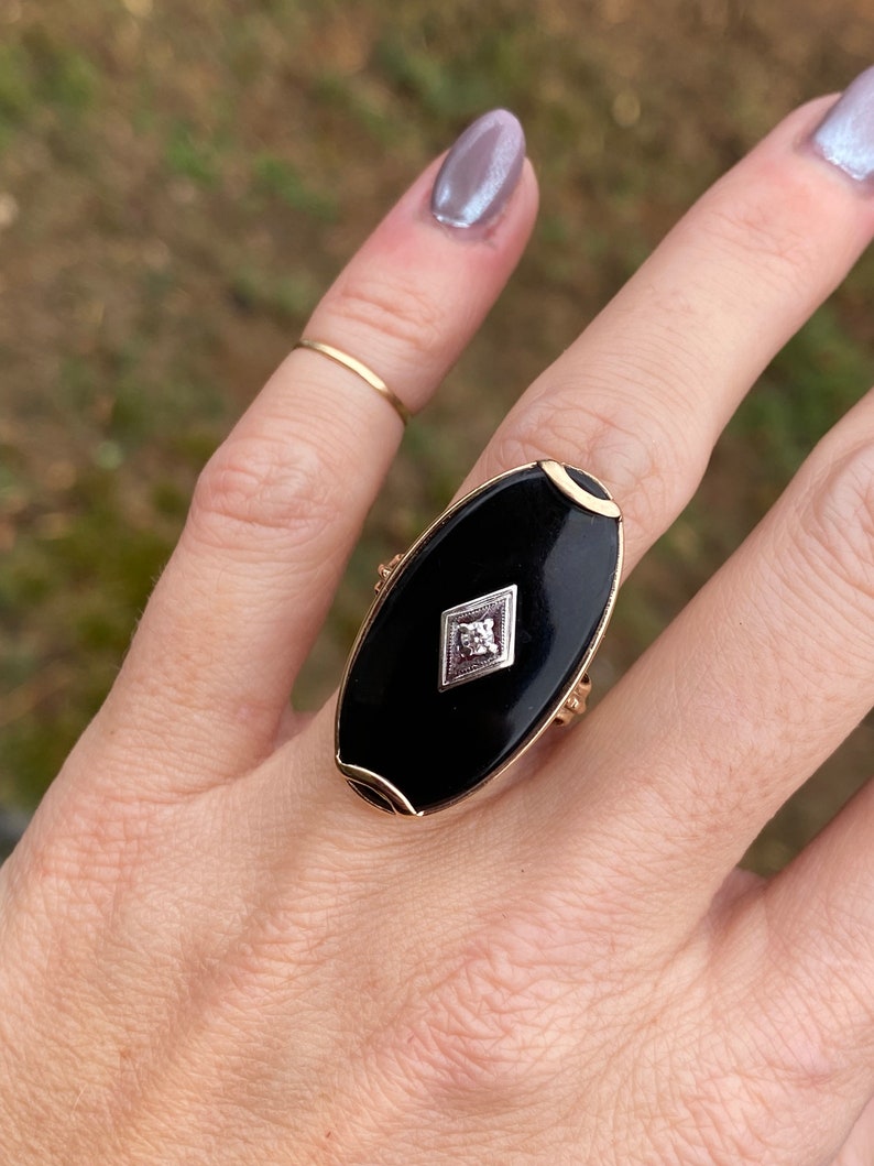 Vintage Estate Large Black Onyx Single Cut Diamond Oval Plaque Hand Engraved Cocktail Ring 10K Yellow Gold image 7