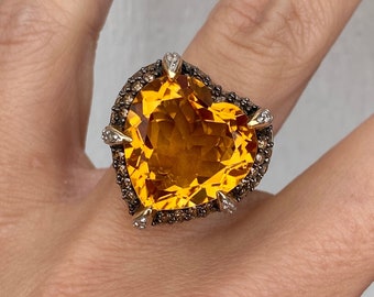 Striking Large Citrine Heart Sparkly Brown Diamond Cocktail Ring 14K Yellow Gold