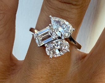 Pear Shape Oval Emerald Cut 2.50ct Lab Grown Diamond Trilogy Cocktail Engagement Ring 14k White Gold