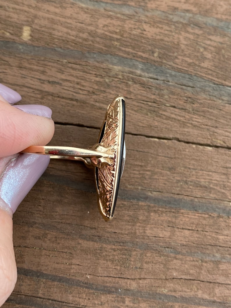 Vintage Estate Large Black Onyx Single Cut Diamond Oval Plaque Hand Engraved Cocktail Ring 10K Yellow Gold image 9