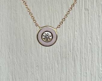 Bezel Set Round Brilliant Cut Diamond Solitaire Pale Pink Enamel Target Pendant 14K Yellow Gold 16" 17" to 18" Adjustable Chain Necklace