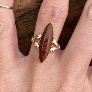 Vintage Estate Bezel Set Goldstone Marquise Navette Ring 10K Yellow Gold