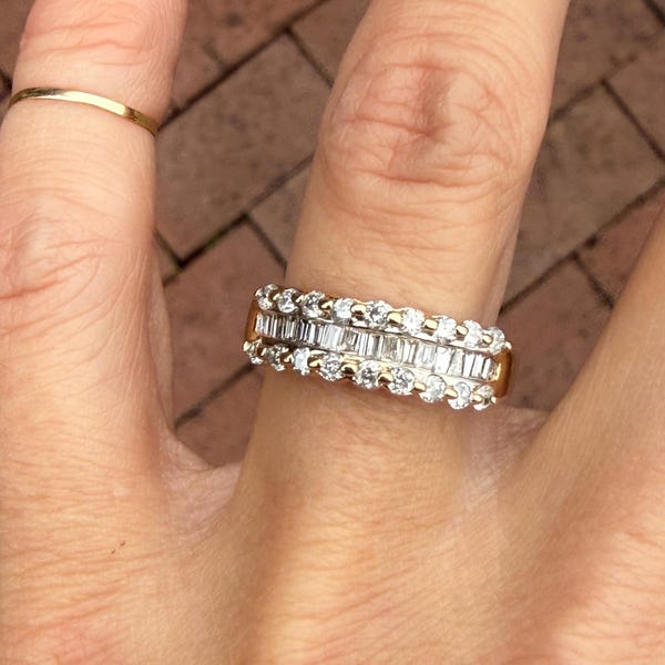 Very Sparkly 1ct Natural Baguette and Round Diamond Channel Band Wedding Anniversary Wide Band Ring 14K Yellow Gold
