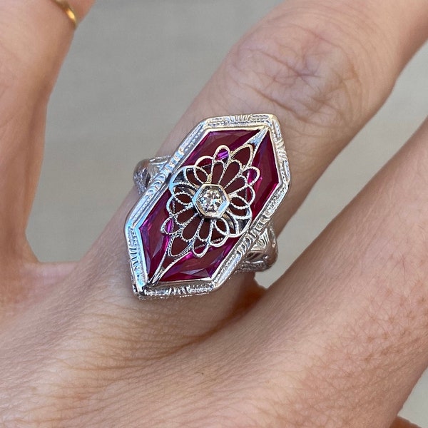 Vintage Estate Fancy Cut Synthetic Ruby and Diamond 14k White Gold Filigree Cocktail Ring