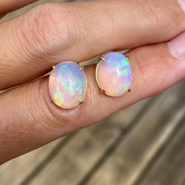 Large Oval Genuine 6ct Opal Stud Earrings 18k Yellow Gold