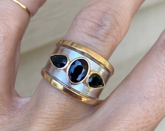 Vintage LeVian 14K Genuine 2ct Pear and Oval Blue Sapphire Bezel Set Cigar Band Cocktail Ring Yellow Gold And White Gold Two Tone
