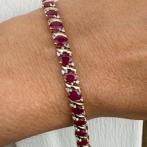 Stunning 9.00ct Oval Ruby Round Diamond Tennis Bracelet 7&#39;&#39; 14k Yellow Gold Line Bracelet
