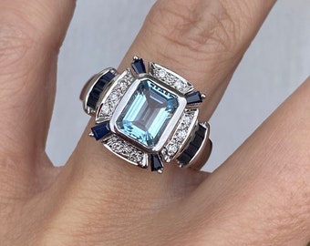 Emerald Cut Aquamarine Baguette Blue Sapphire Round Diamond Cocktail Ring 14K White Gold