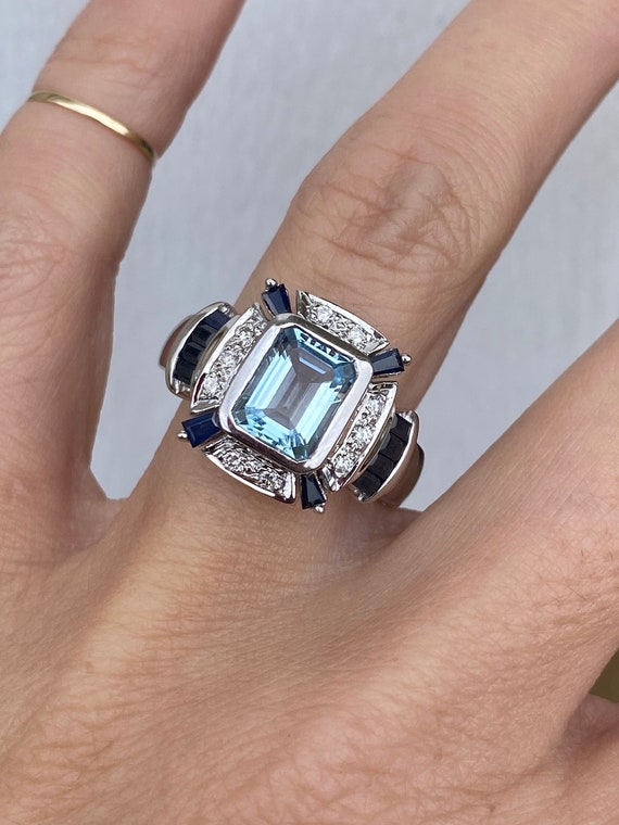 Emerald Cut Aquamarine Baguette Blue Sapphire Roun