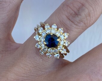 Genuine Round Blue Sapphire Round Brilliant Diamond Flower Cluster Band Ring 14k Yellow Gold