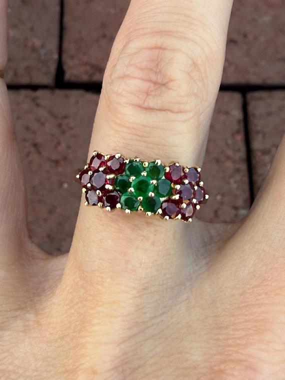 Natural Round Ruby Emerald Cluster Cocktail Ring … - image 6