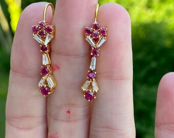 Round Ruby Baguette Diamond Dangle Drop Earrings 18k Yellow Gold