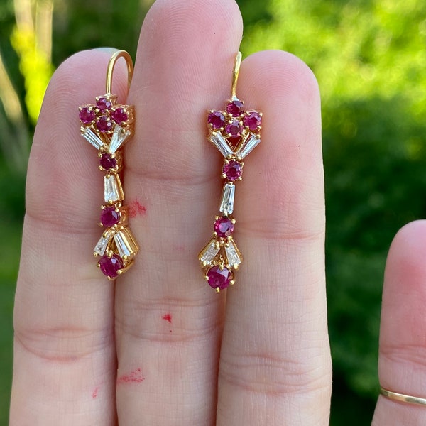 Round Ruby Baguette Diamond Dangle Drop Earrings 18k Yellow Gold