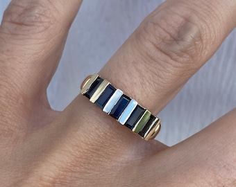 Channel Set Straight Cut Baguette Blue Sapphire 14k Band Ring Yellow Gold