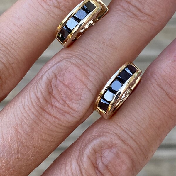 Cushion Cut 1.20ct Black Diamond Huggie Hoops Huggies Earrings 14k Yellow Gold