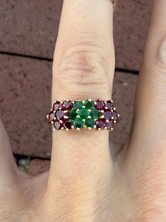Natural Round Ruby Emerald Cluster Cocktail Ring … - image 7