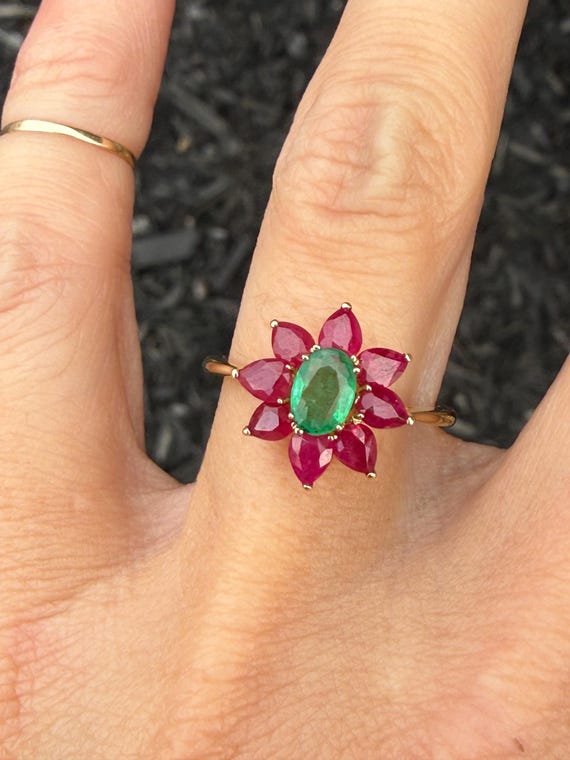 Natural Pear Ruby Oval Emerald Cluster Cocktail R… - image 4