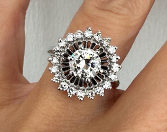 Vintage Old European Cut Diamond Halo Round Single Cut Diamond Cocktail Ring or Engagement Ring 14k White Gold Estate
