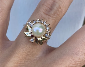 Pearl Round Diamond Cocktail Ring 14k Yellow Gold