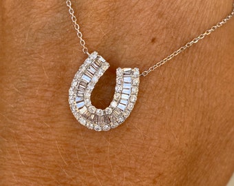 Sparkly Baguette Round Diamond Horseshoe Pendant Necklace 16" Chain 14k White Gold